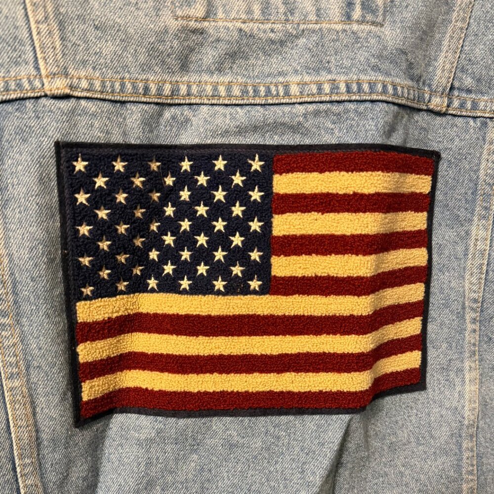 Vintage 90s Brindar Patriotic Denim Trucker Jacket with American Flag | Size L - Picture 3 of 4